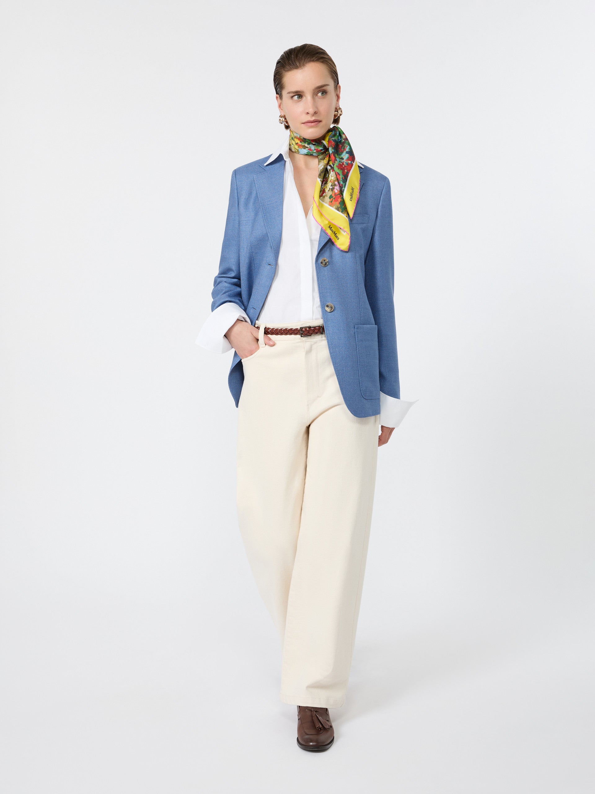 Single-Breasted Wool And Silk Canvas Blazer for Women - Light Blue - Max Mara UAE