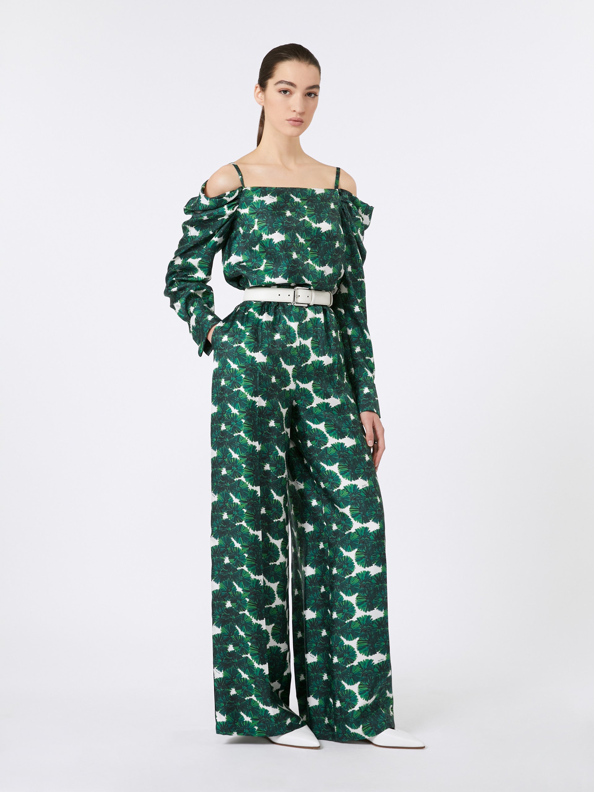 Printed silk off-the-shoulder blouse