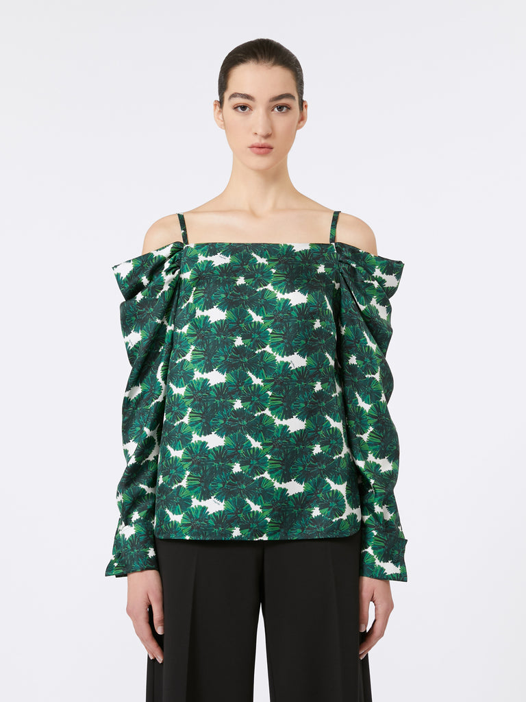 Printed silk off-the-shoulder blouse