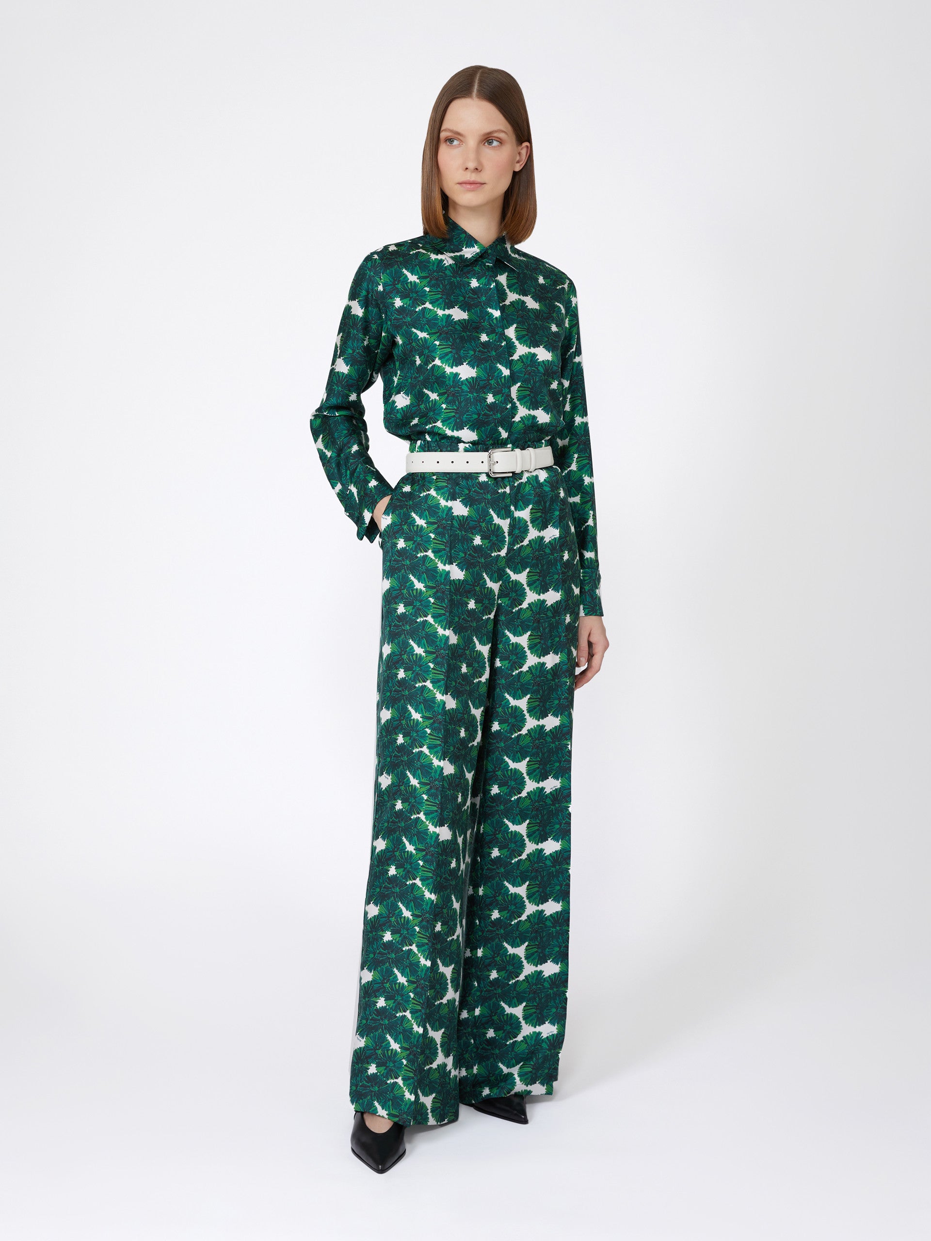 Mannish Printed Silk Shirt for Women - Emerald - Max Mara UAE