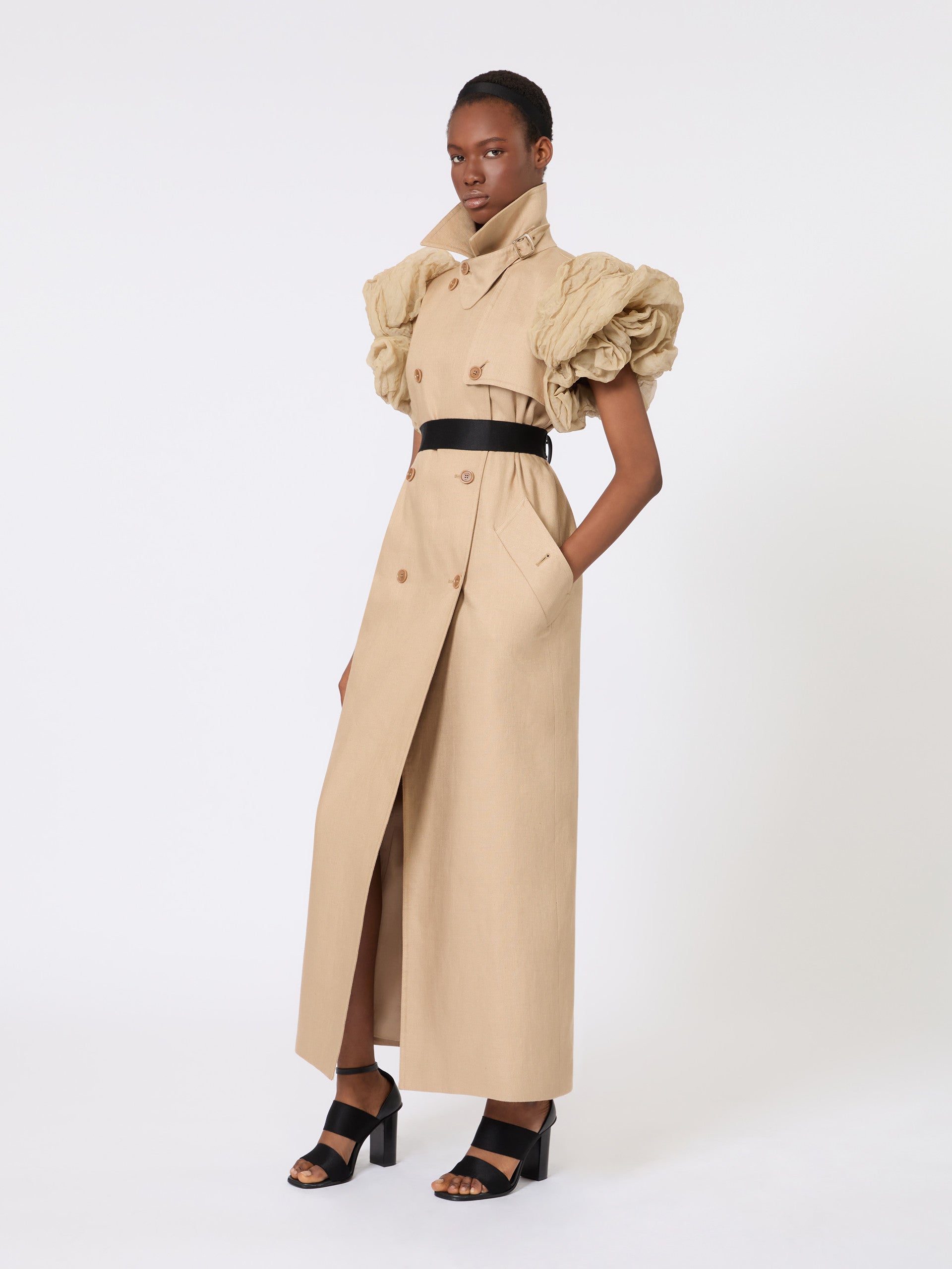 max mara sleeveless duster coat in linen basketweave with ruffles for women