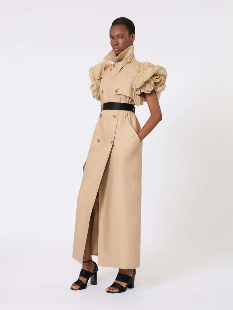 max mara sleeveless duster coat in linen basketweave with ruffles