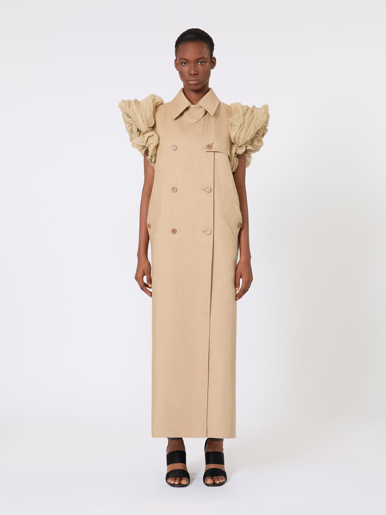 max mara sleeveless duster coat in linen basketweave with ruffles