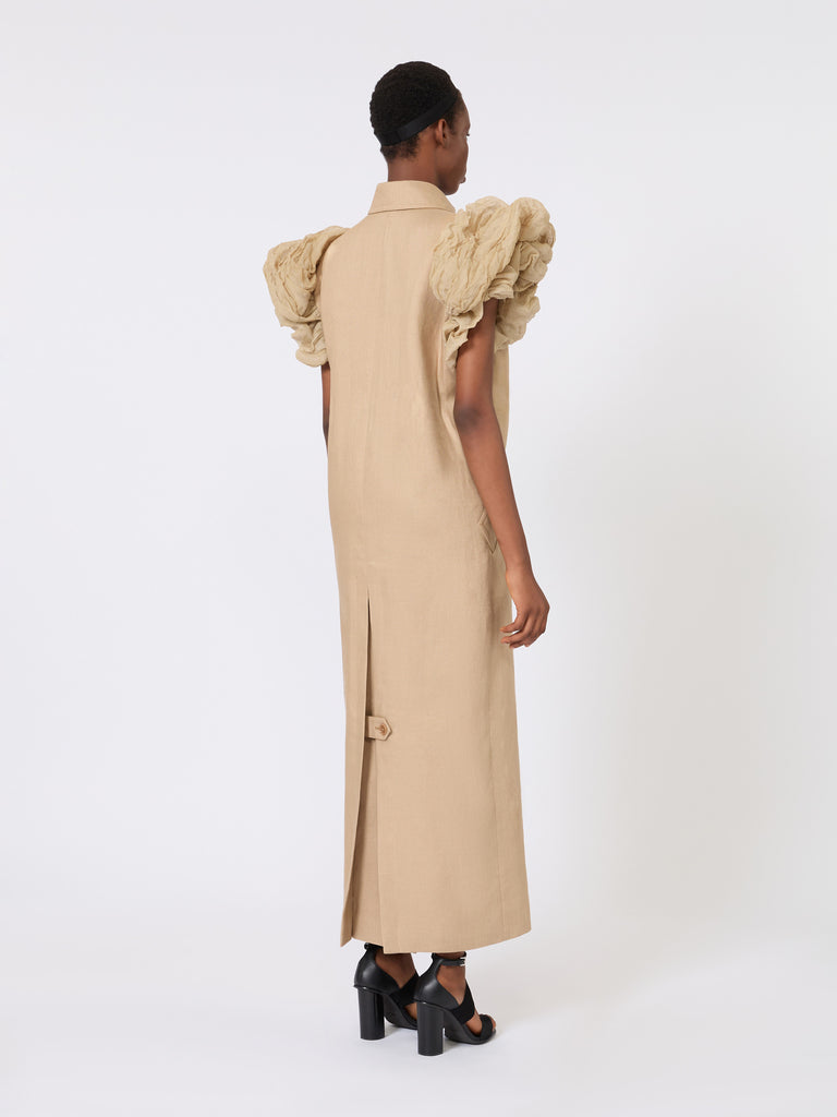 max mara sleeveless duster coat in linen basketweave with ruffles