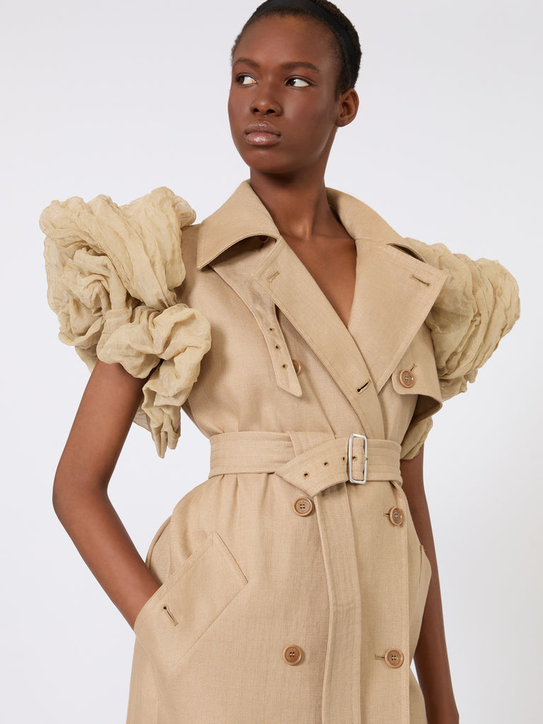 max mara sleeveless duster coat in linen basketweave with ruffles