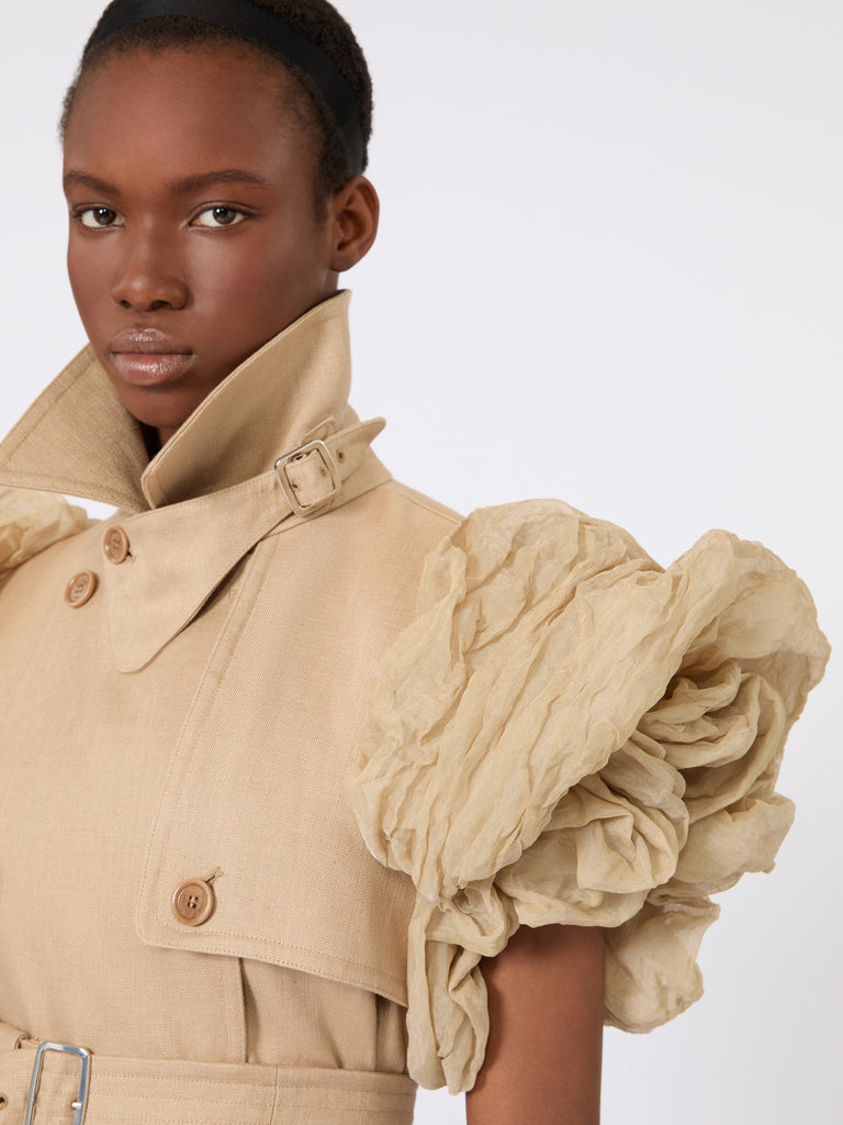 max mara sleeveless duster coat in linen basketweave with ruffles