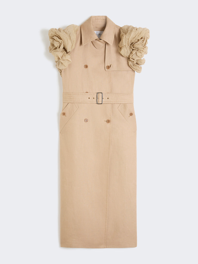 max mara sleeveless duster coat in linen basketweave with ruffles