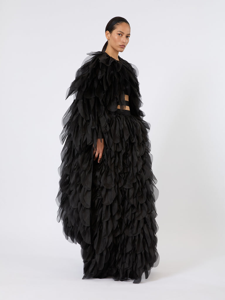 max mara long overcoat with petals in silk organza