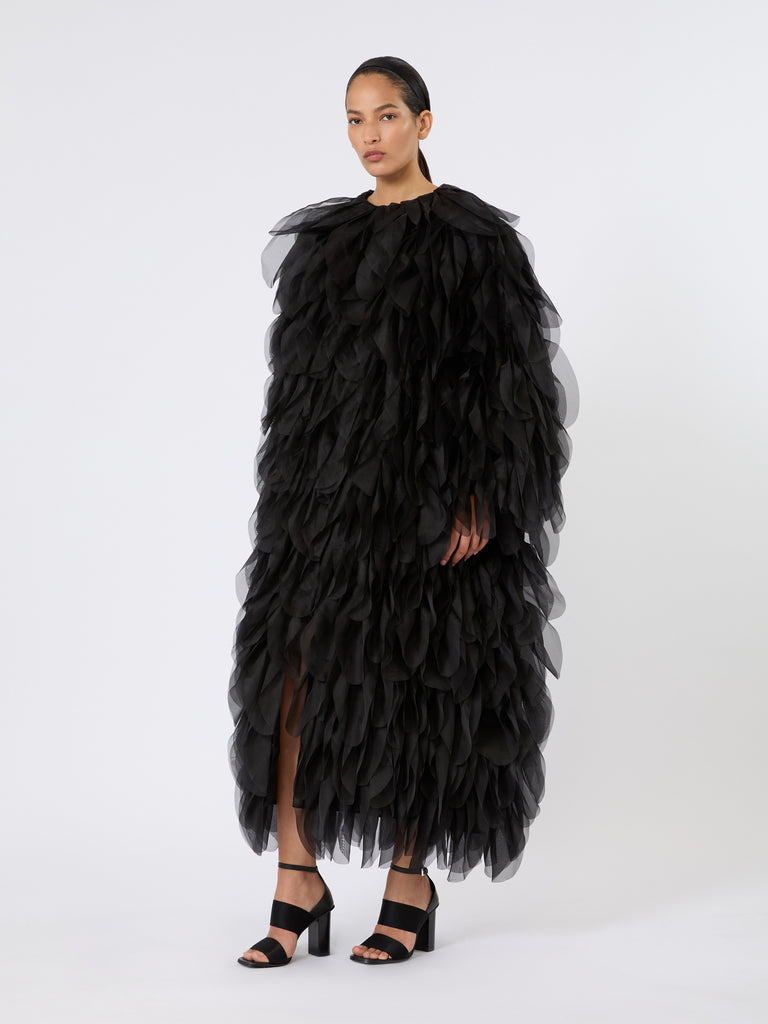 max mara long overcoat with petals in silk organza