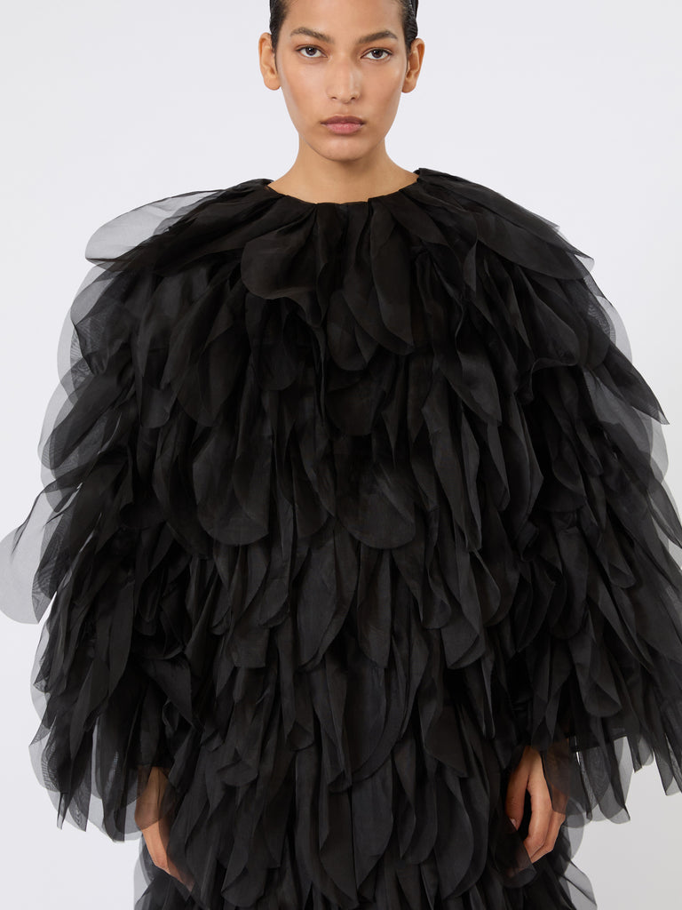 max mara long overcoat with petals in silk organza