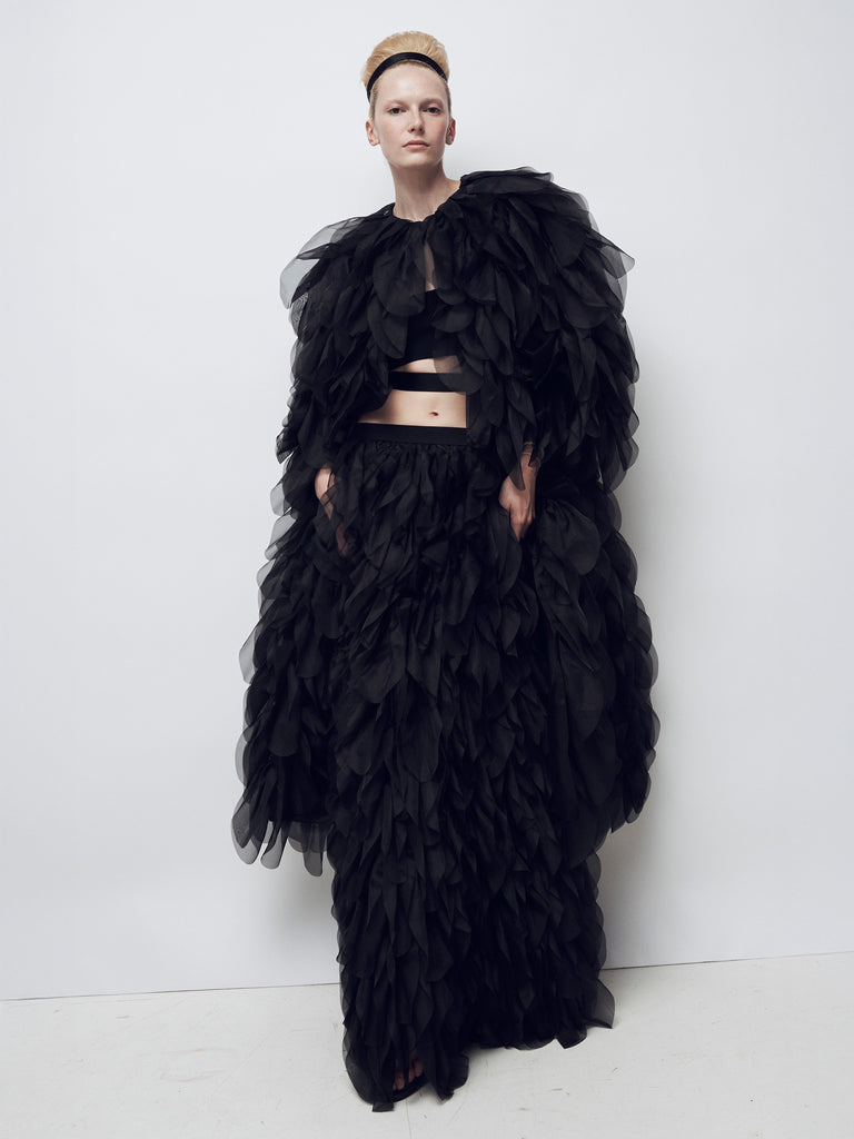max mara long overcoat with petals in silk organza