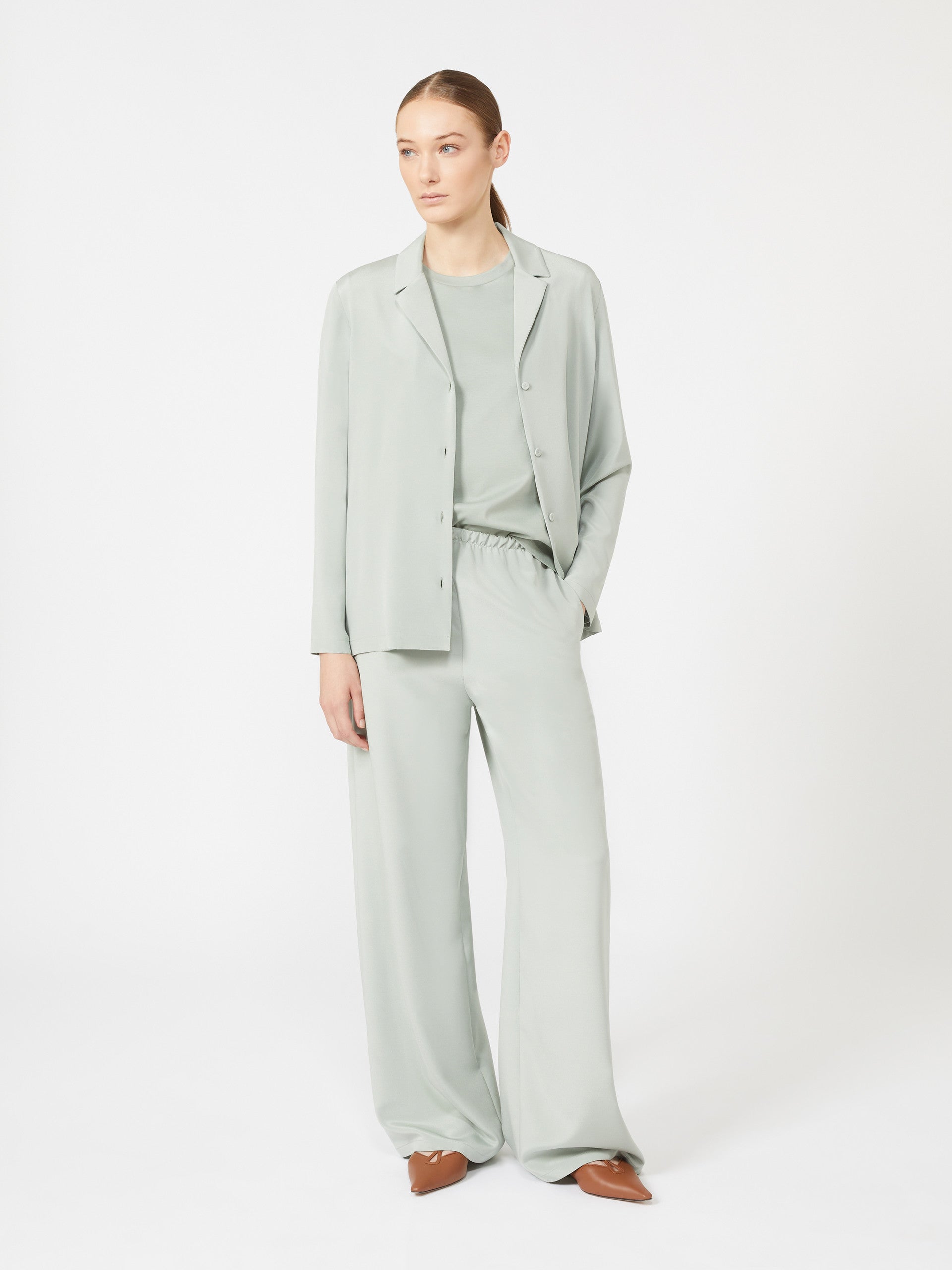 Silk Crêpe De Chine Trousers for Women - Pastel Green - Max Mara UAE