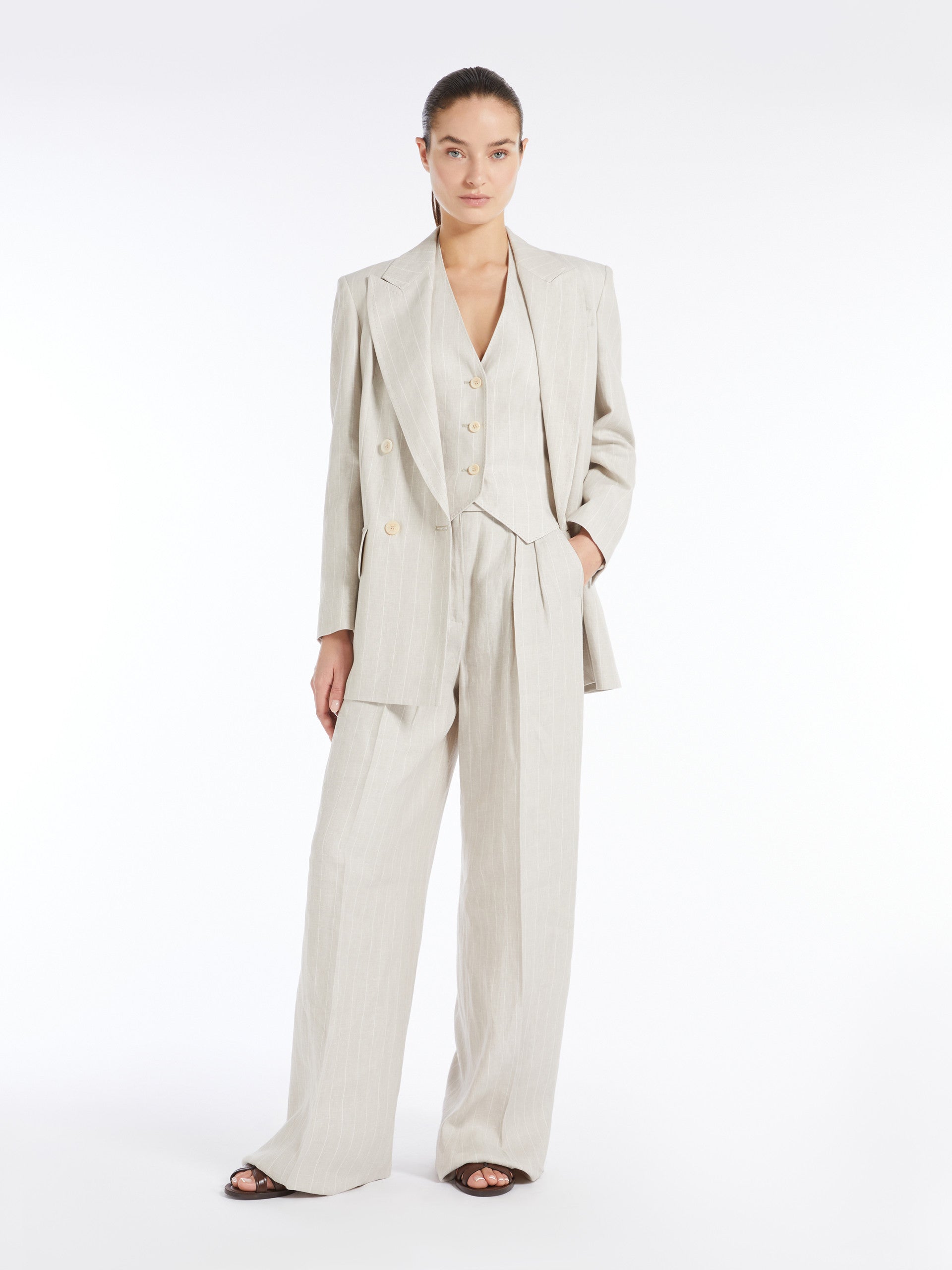 Wide Linen Trousers for Women - Sand - Max Mara UAE