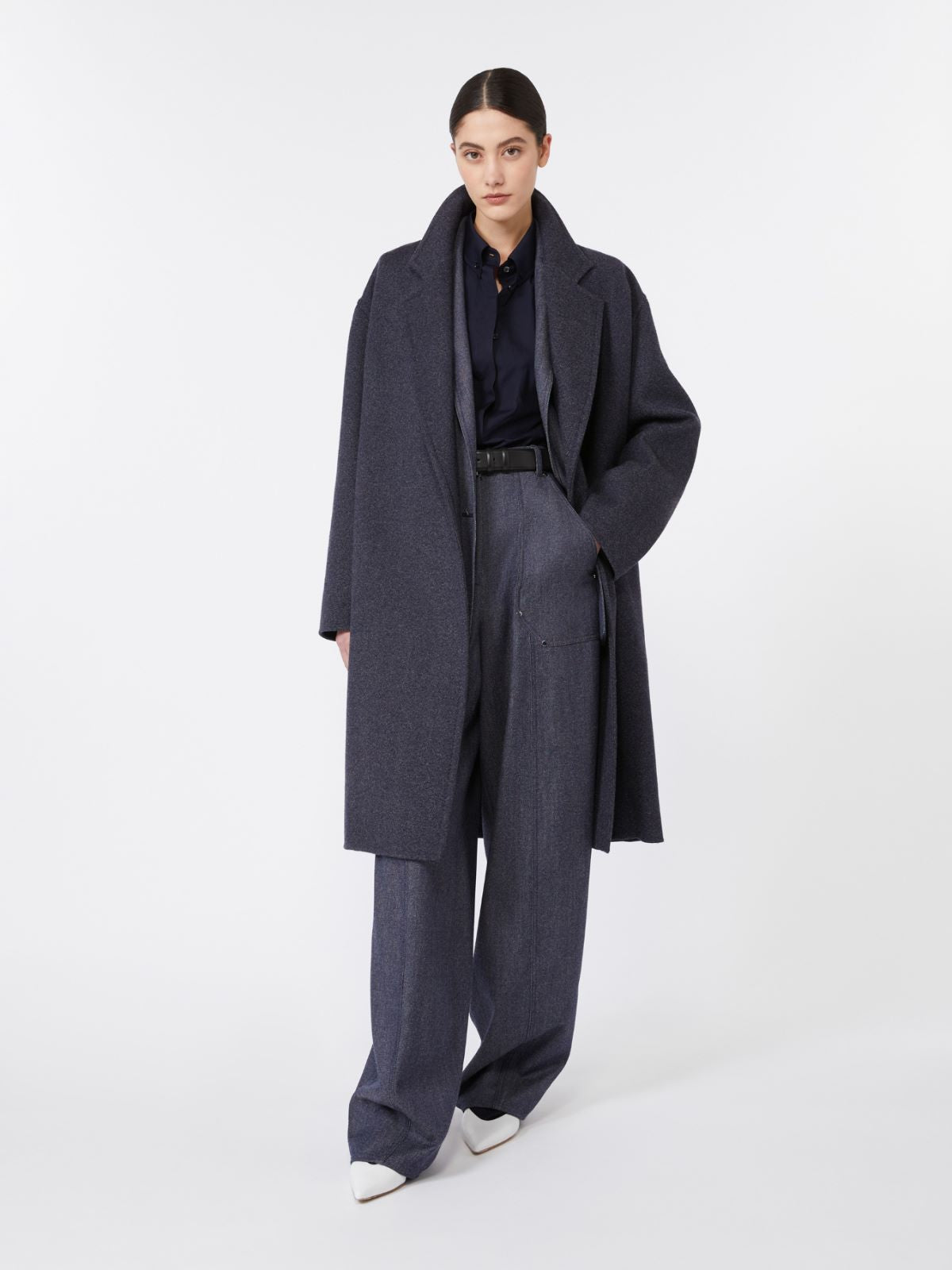 Denim-effect wool trousers