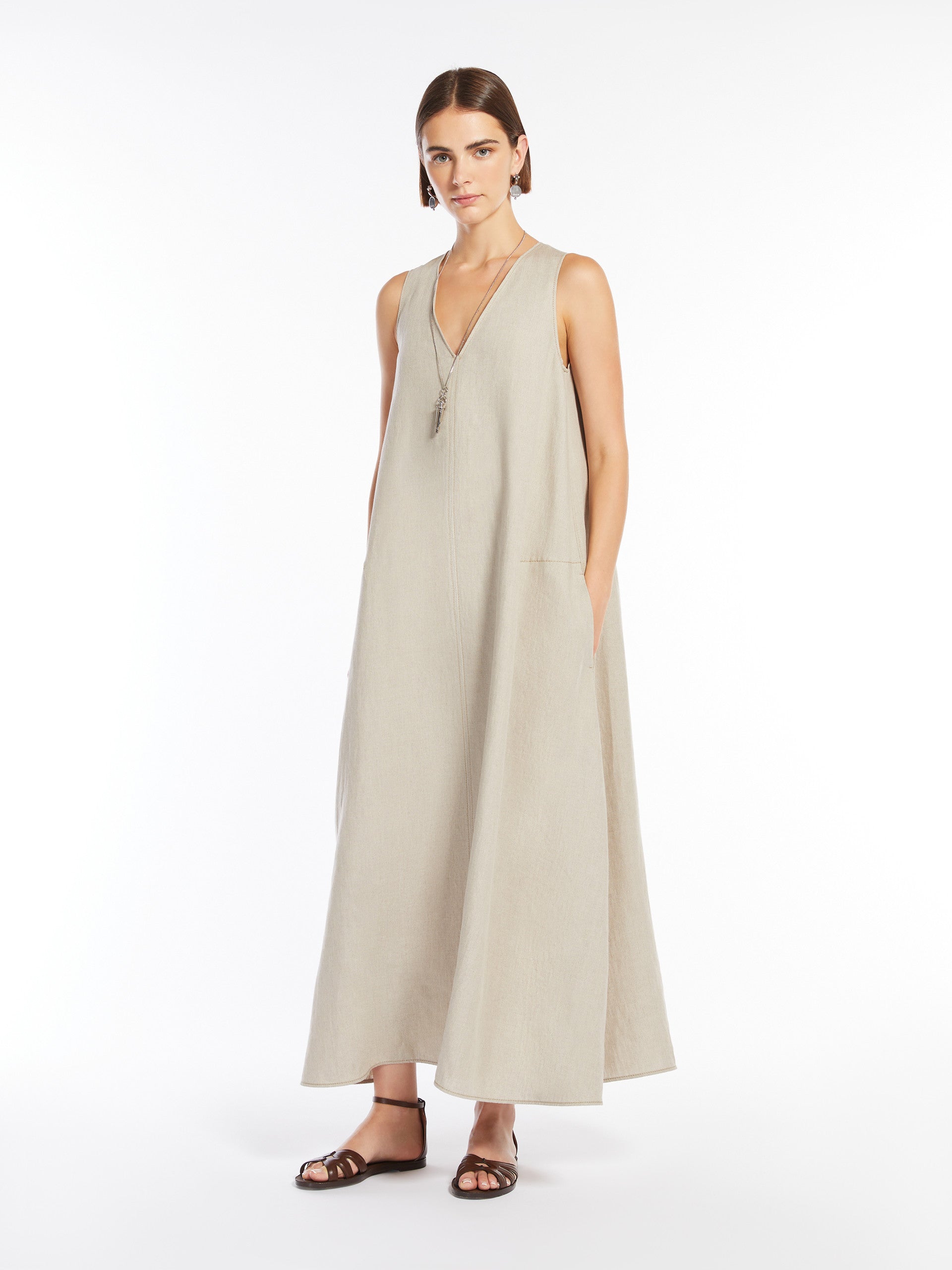 Flared Linen Dress for Women - Beige - Max Mara UAE