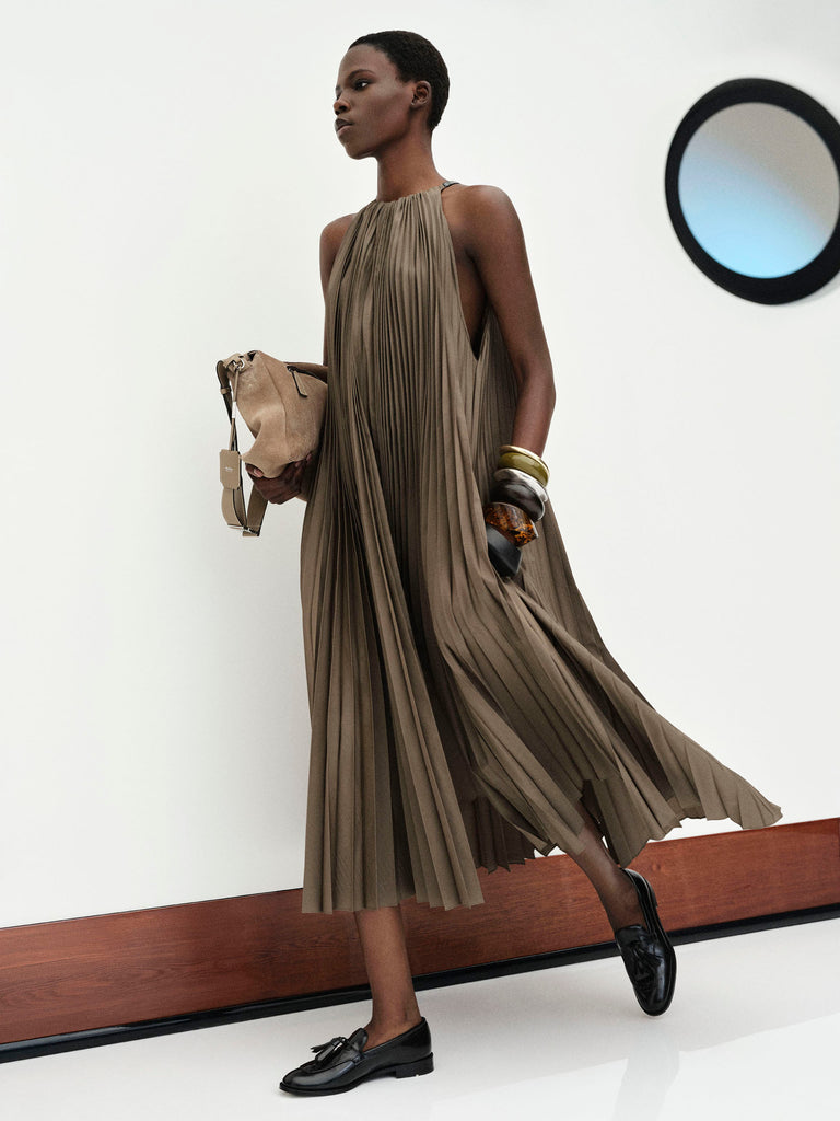 max mara sleeveless plissé-pleated taffeta dress