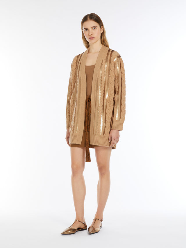 Wool And Cashmere Cardigan With Sequins for Women - Camel - Max Mara UAE