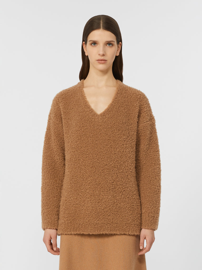 max mara bouclé silk v-neck camel jumper