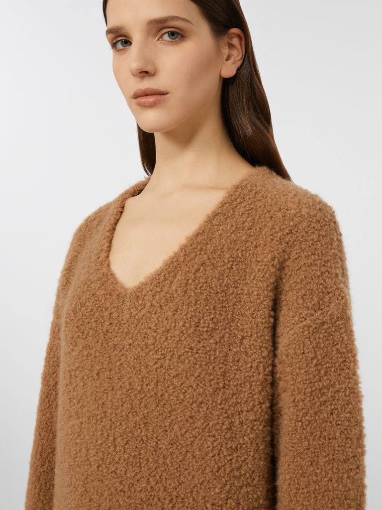 max mara bouclé silk v-neck camel jumper