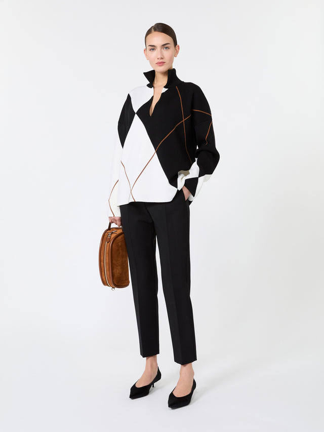 Relaxed-Cut Argyle Wool Yarn Sweater for Women - White Black - Max Mara UAE