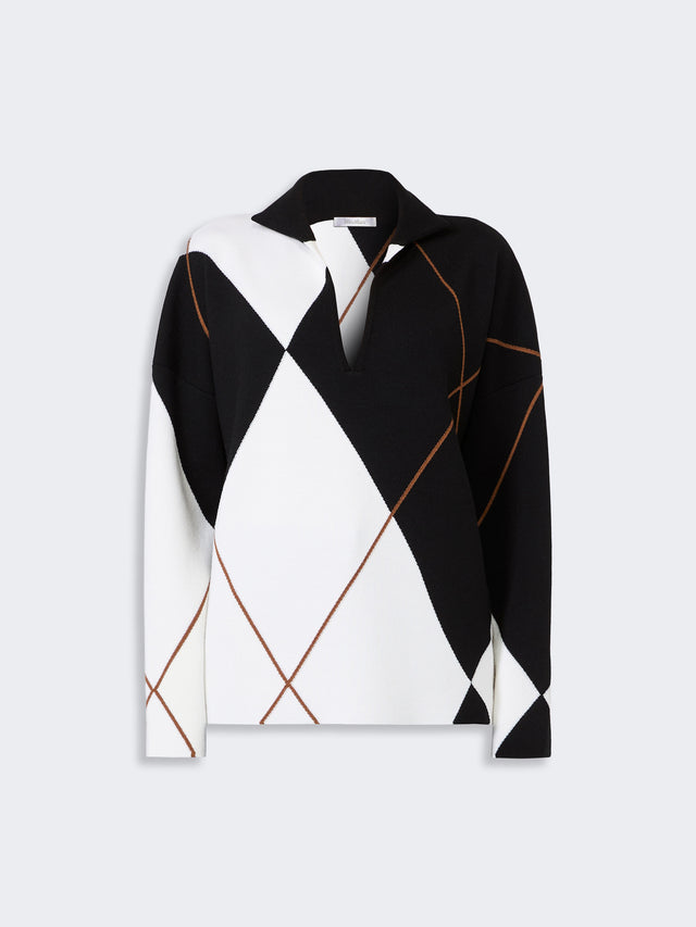 Relaxed-Cut Argyle Wool Yarn Sweater for Women - White Black - Max Mara UAE
