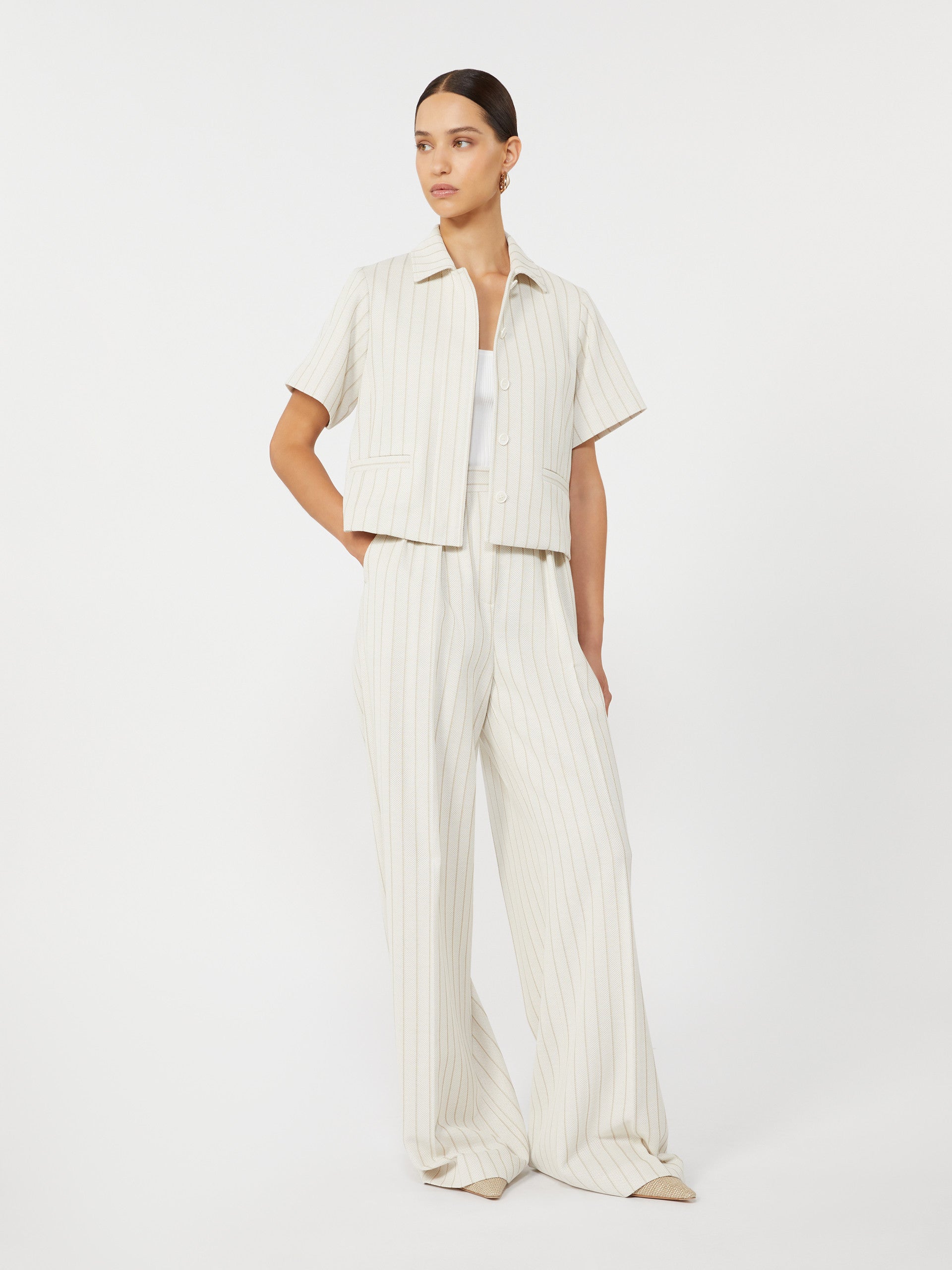 Wide-Fit Pinstripe Piqué Jersey Trousers for Women - White - Max Mara UAE