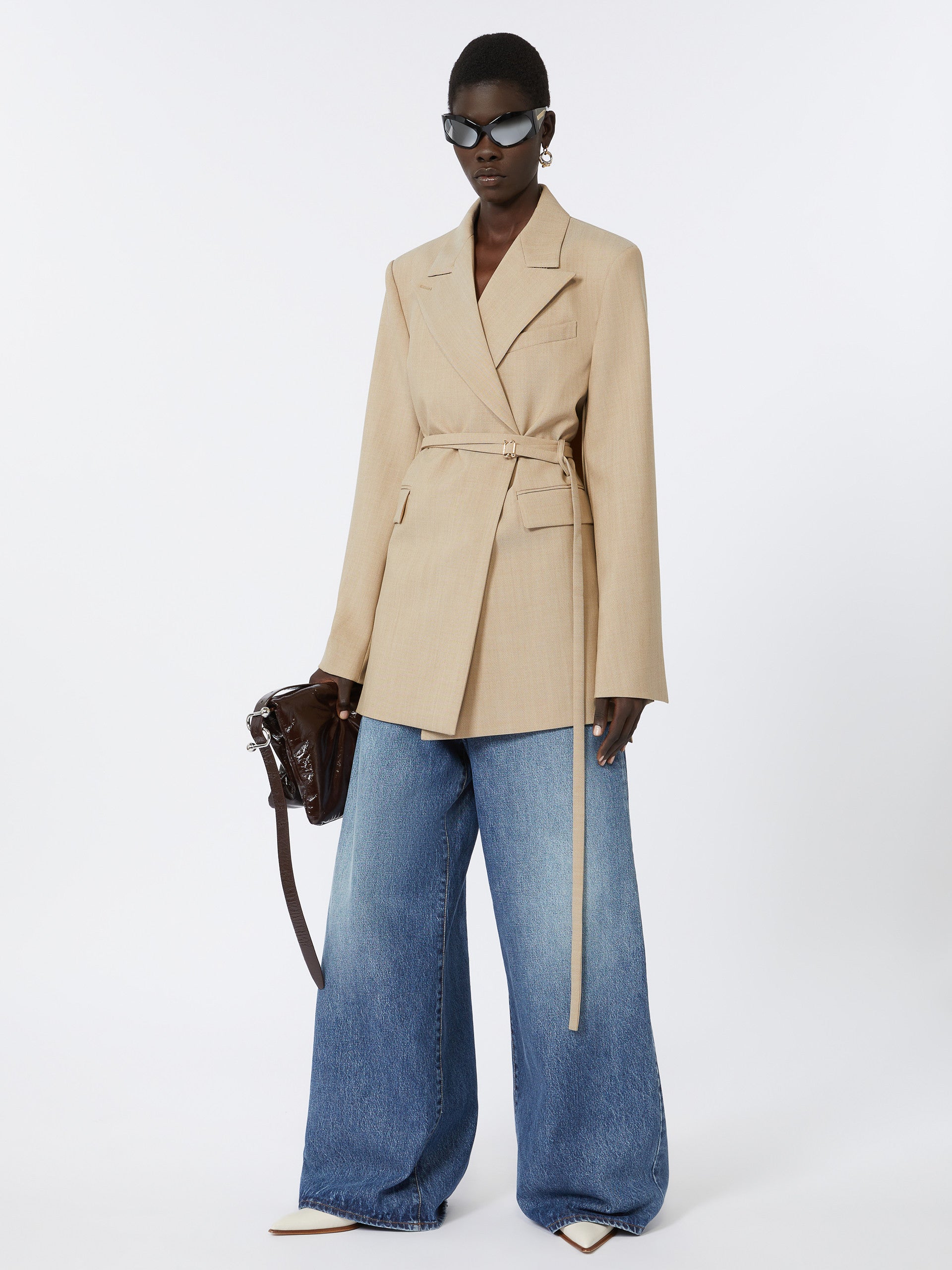 Long Double-Breasted Wool Blazer for Women - Beige Shaded - Max Mara UAE