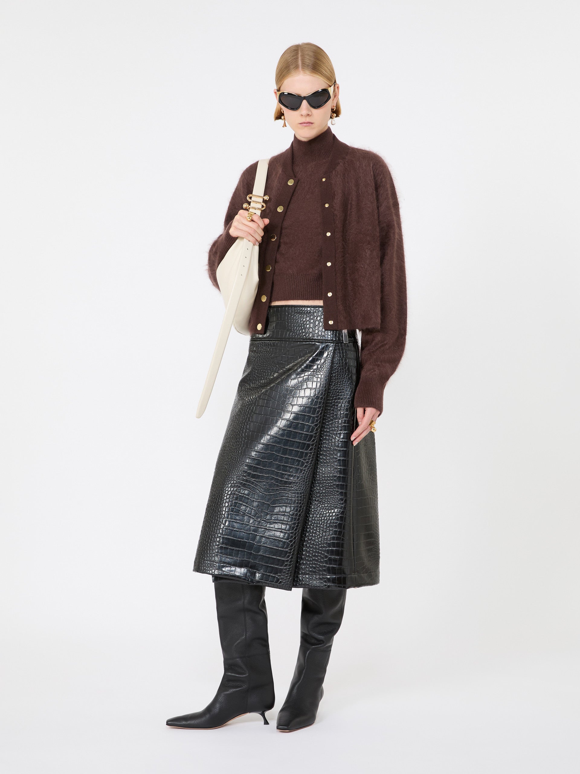max mara calf-length skirt in crocodile-print patent leather for women