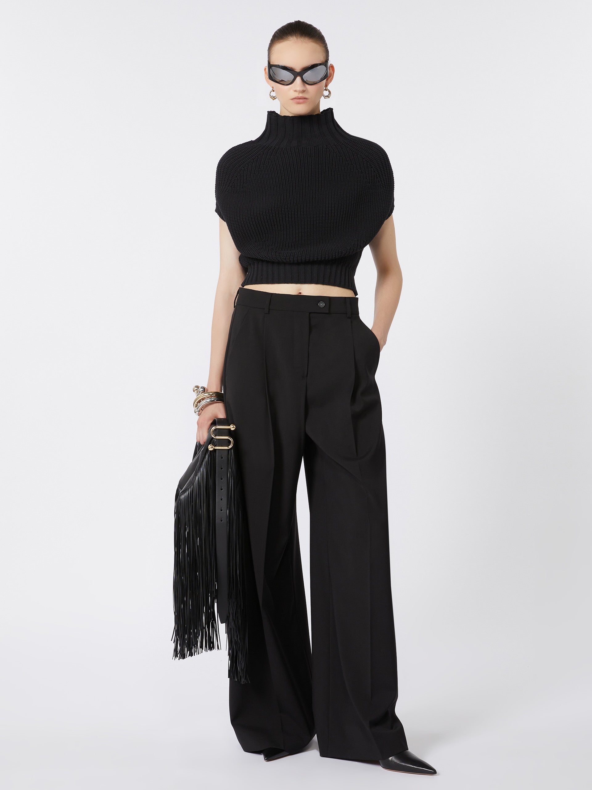 Oversized Stretch Wool Trousers for Women - Black - Max Mara UAE