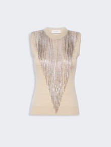 Wool Top With Bejewelled Fringe Detail for Women - Beige - Max Mara UAE