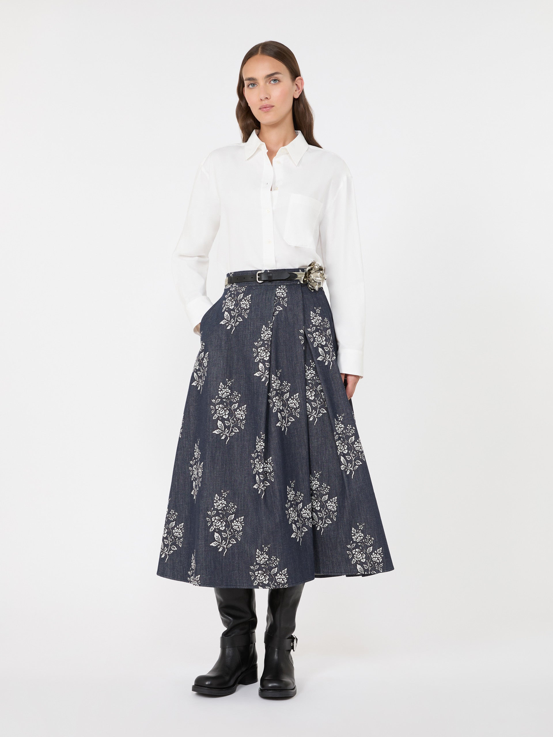 Pleated Printed Cotton Skirt for Women - Navy - Max Mara UAE
