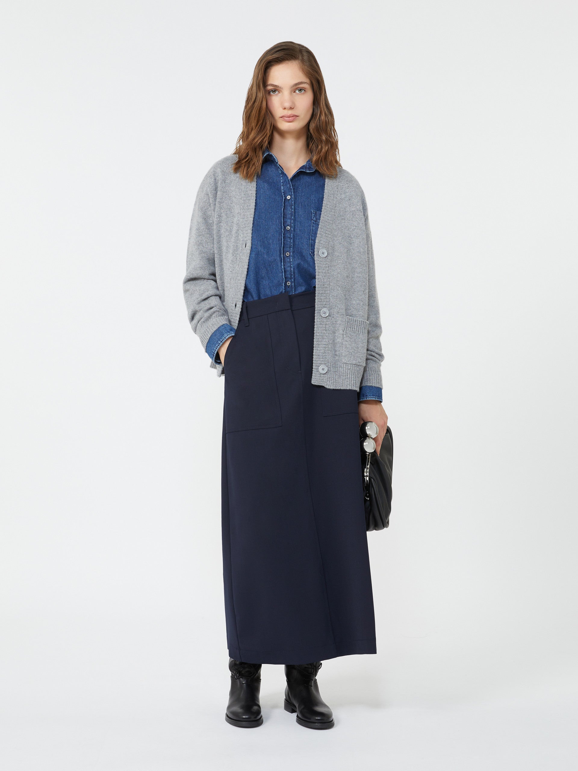 Long Wool Blend Skirt for Women - Navy - Max Mara UAE