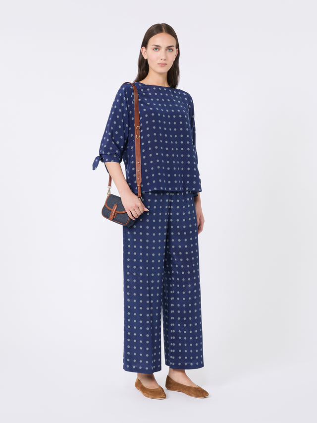Printed Silk Cropped Trousers for Women - Navy - Max Mara UAE