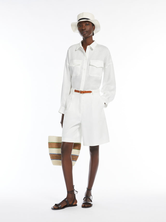 Cotton And Linen Flared Bermuda Shorts for Women - White - Max Mara UAE