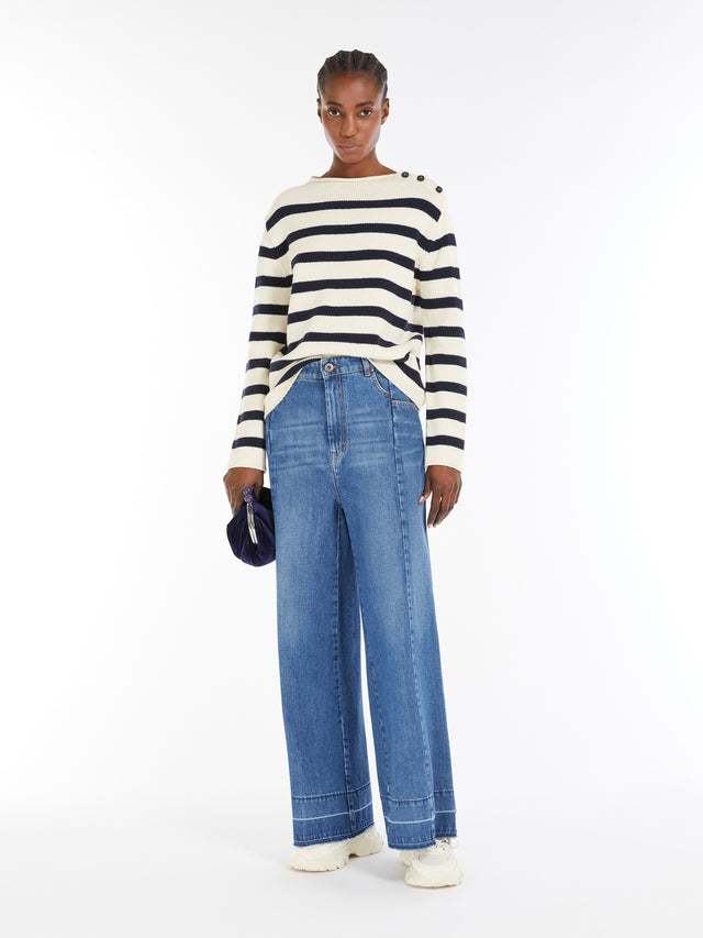 Cotton Denim Wide Jeans for Women - Navy - Max Mara UAE