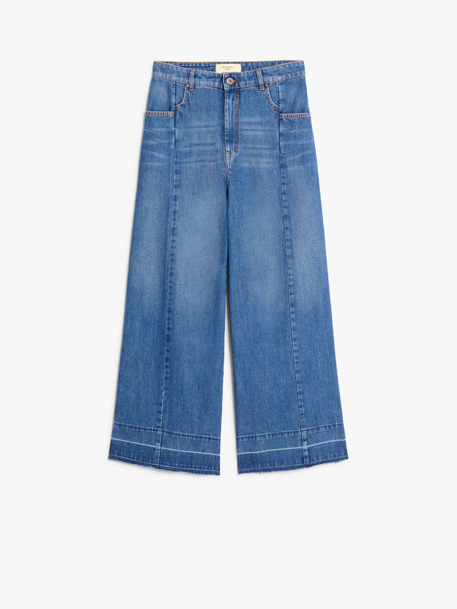 Cotton Denim Wide Jeans for Women - Navy - Max Mara UAE