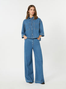 Cotton Denim Wide-Leg Jeans for Women - Navy - Max Mara UAE