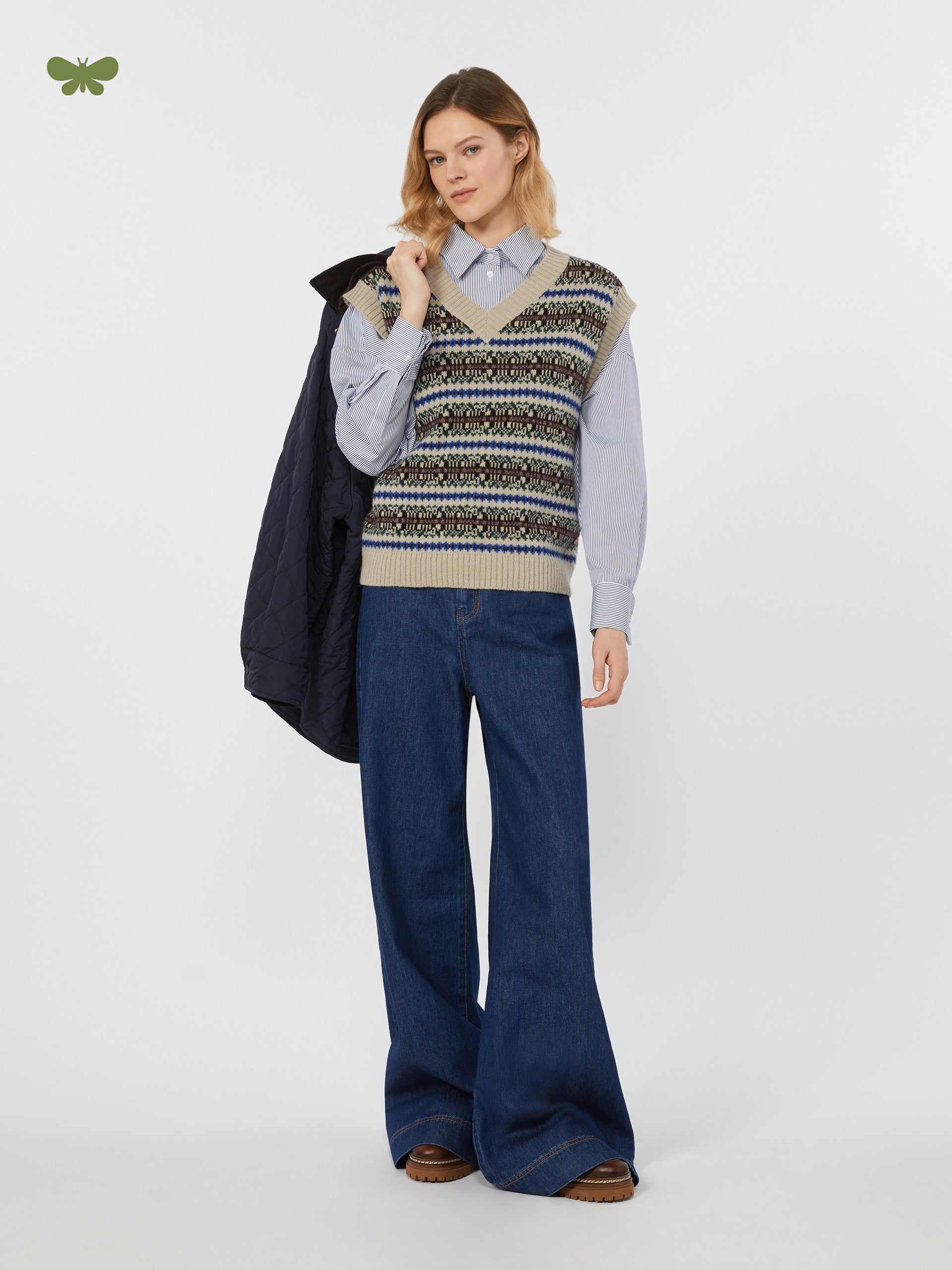 Cotton Denim Wide-Leg Jeans for Women - Navy - Max Mara UAE