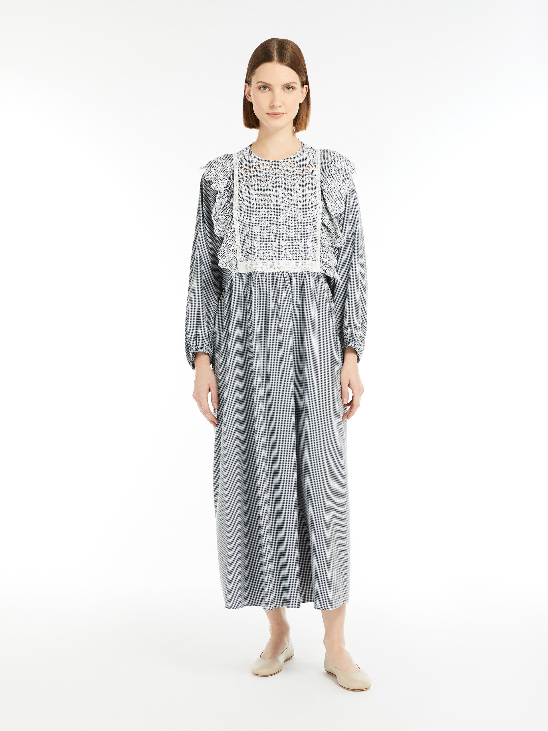 Gingham Cotton Dress With Broderie Anglaise Embroidery for Women - Navy - Max Mara UAE