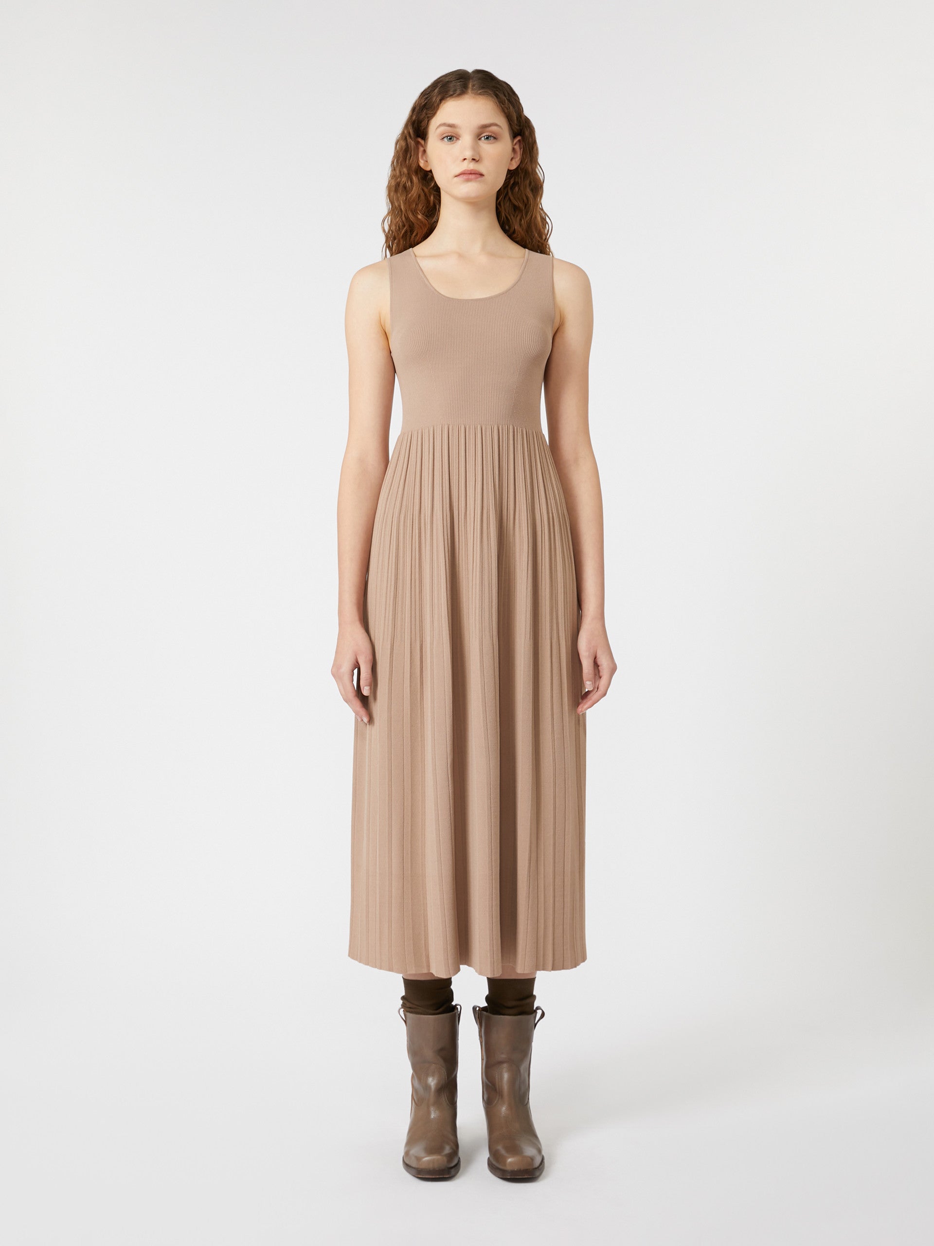 Plissé-Pleated Viscose Crepe Dress for Women - Marron Glace' - Max Mara UAE