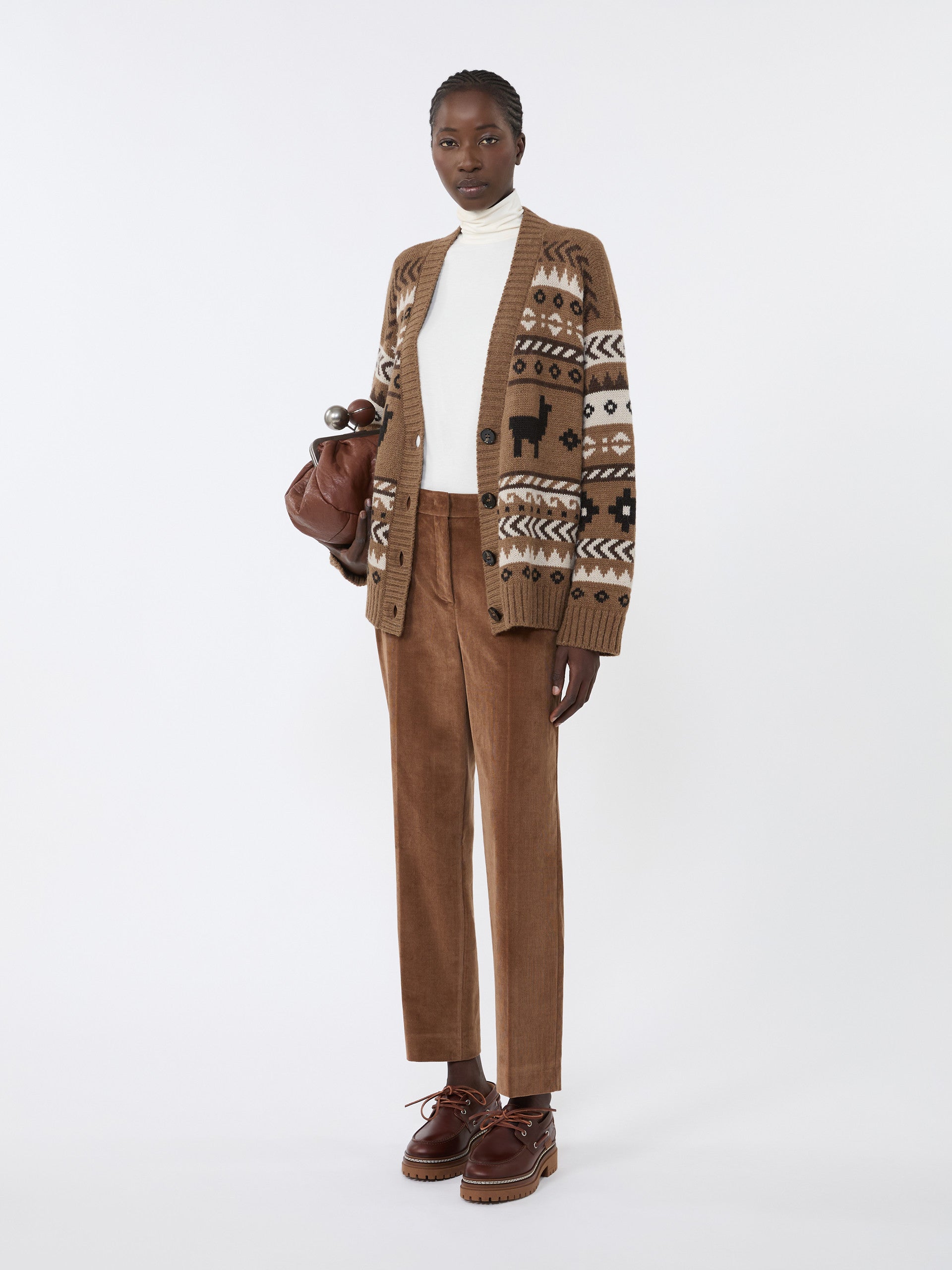 Wool And Alpaca Jacquard Cardigan for Women - Camel - Max Mara UAE