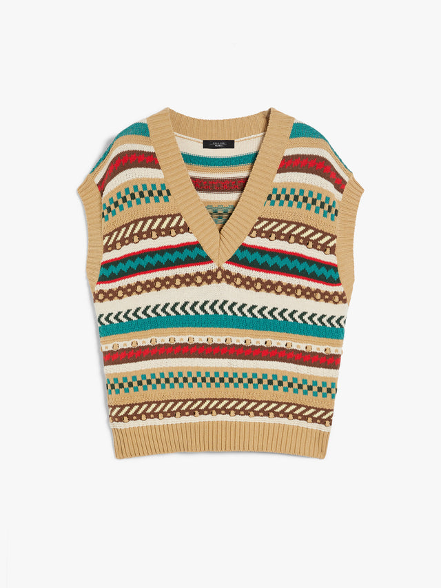 Jacquard Cotton Yarn Gilet for Women - Biscuit - Max Mara UAE