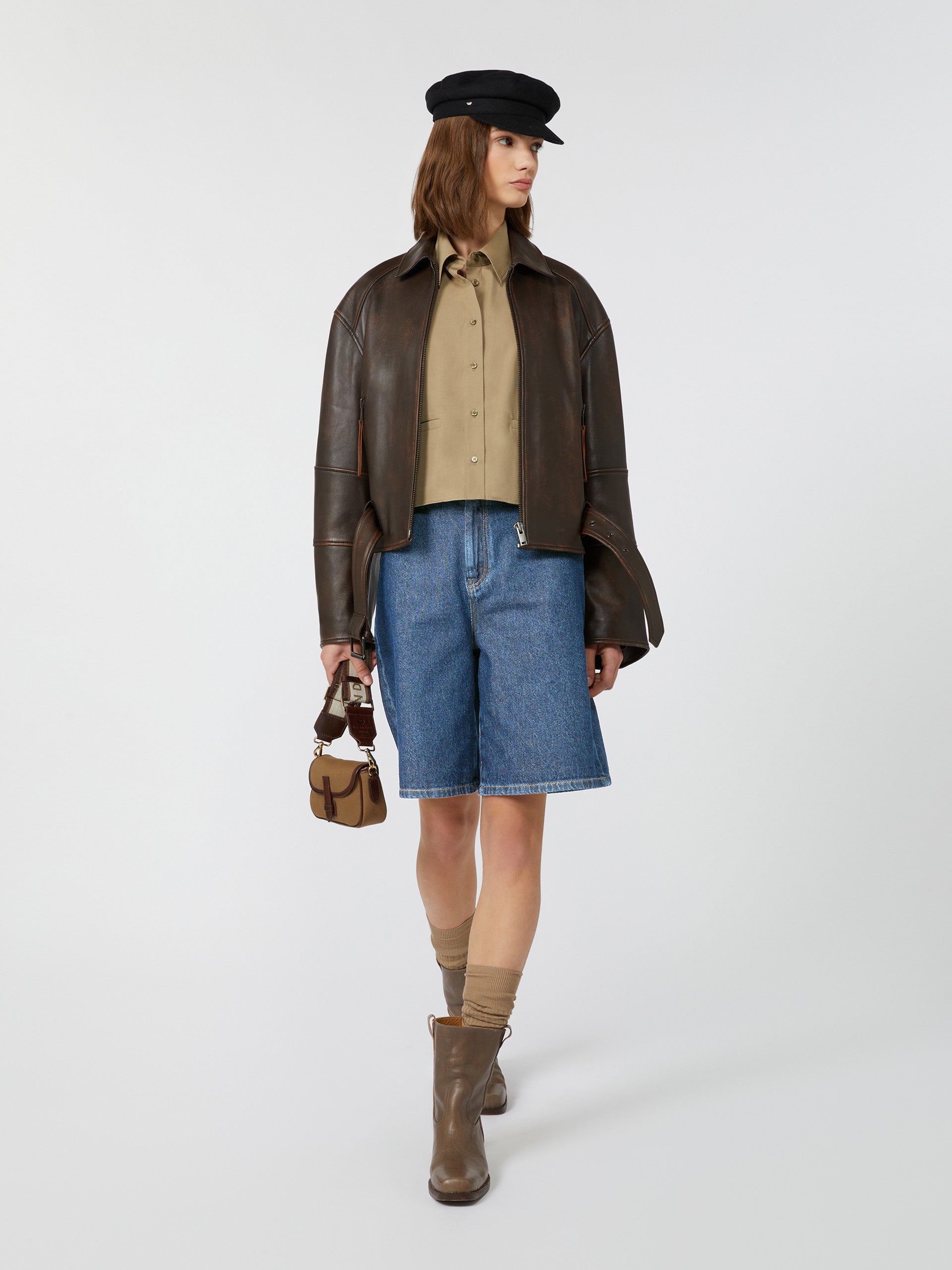 Nappa Leather Biker Jacket for Women - Dark Brown - Max Mara UAE