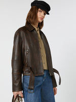 Nappa Leather Biker Jacket for Women - Dark Brown - Max Mara UAE