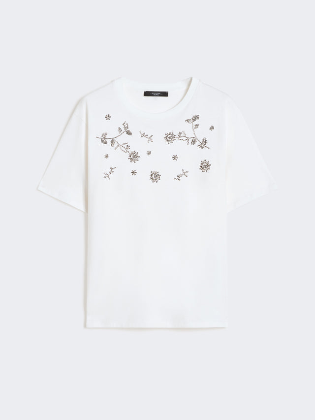 Print And Embroidery-Adorned Jersey T-Shirt for Women - White - Max Mara UAE