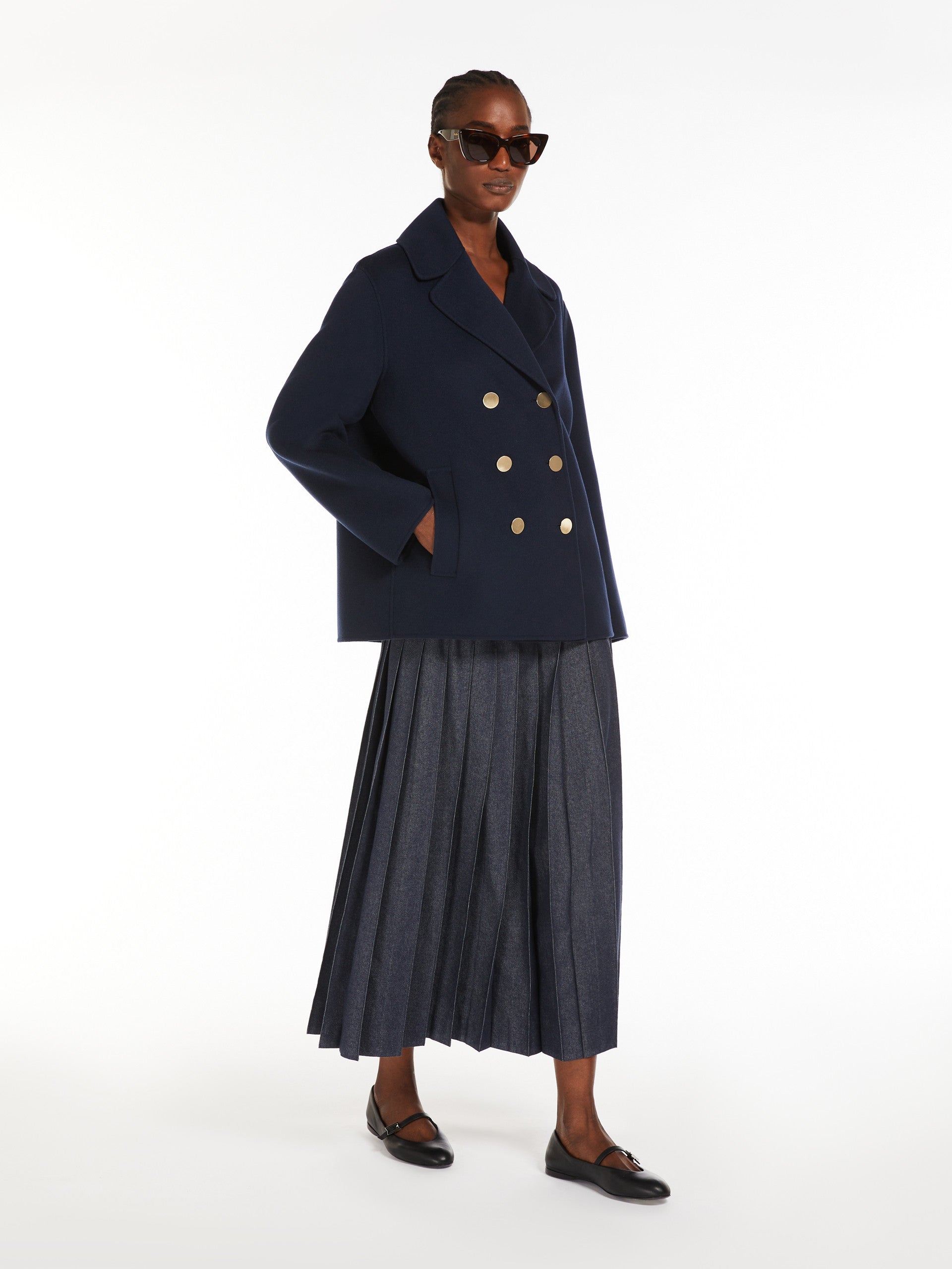 Denim-Effect Pleated Cotton Skirt for Women - Midnightblue - Max Mara UAE