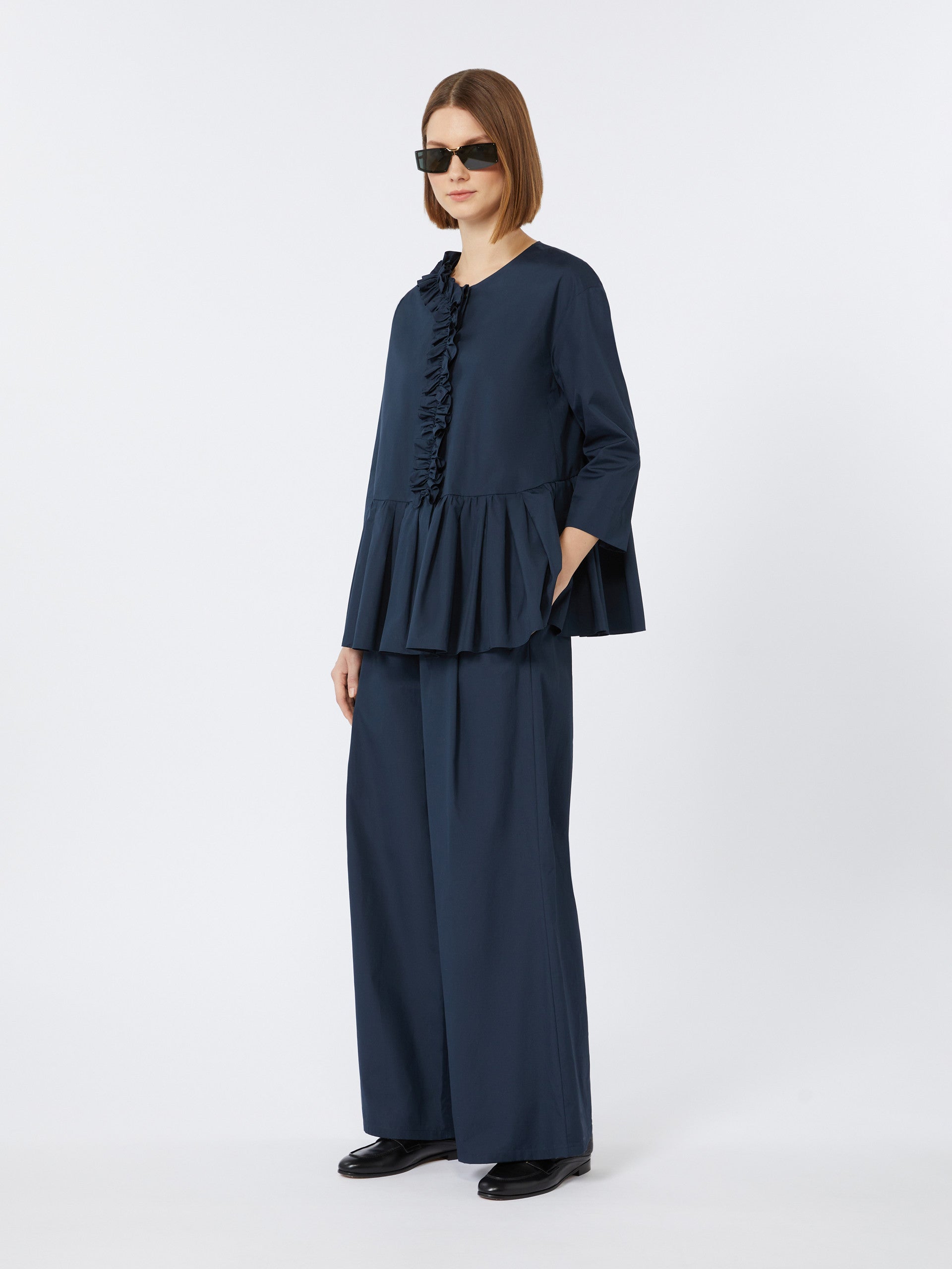 Flounce-Detail Washed Cotton Shirt for Women - Ultramarine - Max Mara UAE