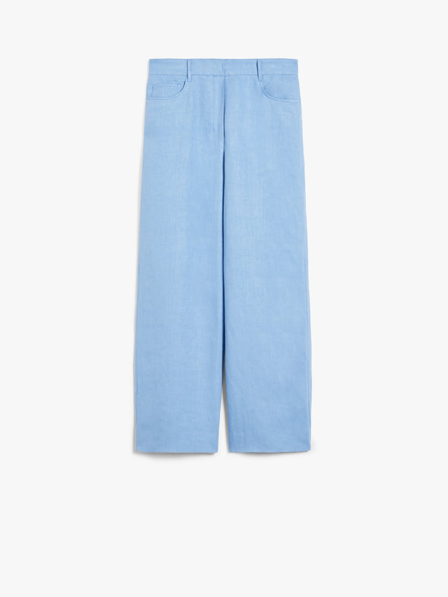 Linen Wide-Leg Trousers for Women - Light Blue - Max Mara UAE