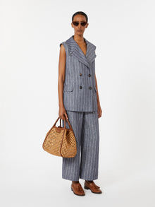Denim-Look Pinstripe Linen Trousers for Women - Ultramarine - Max Mara UAE
