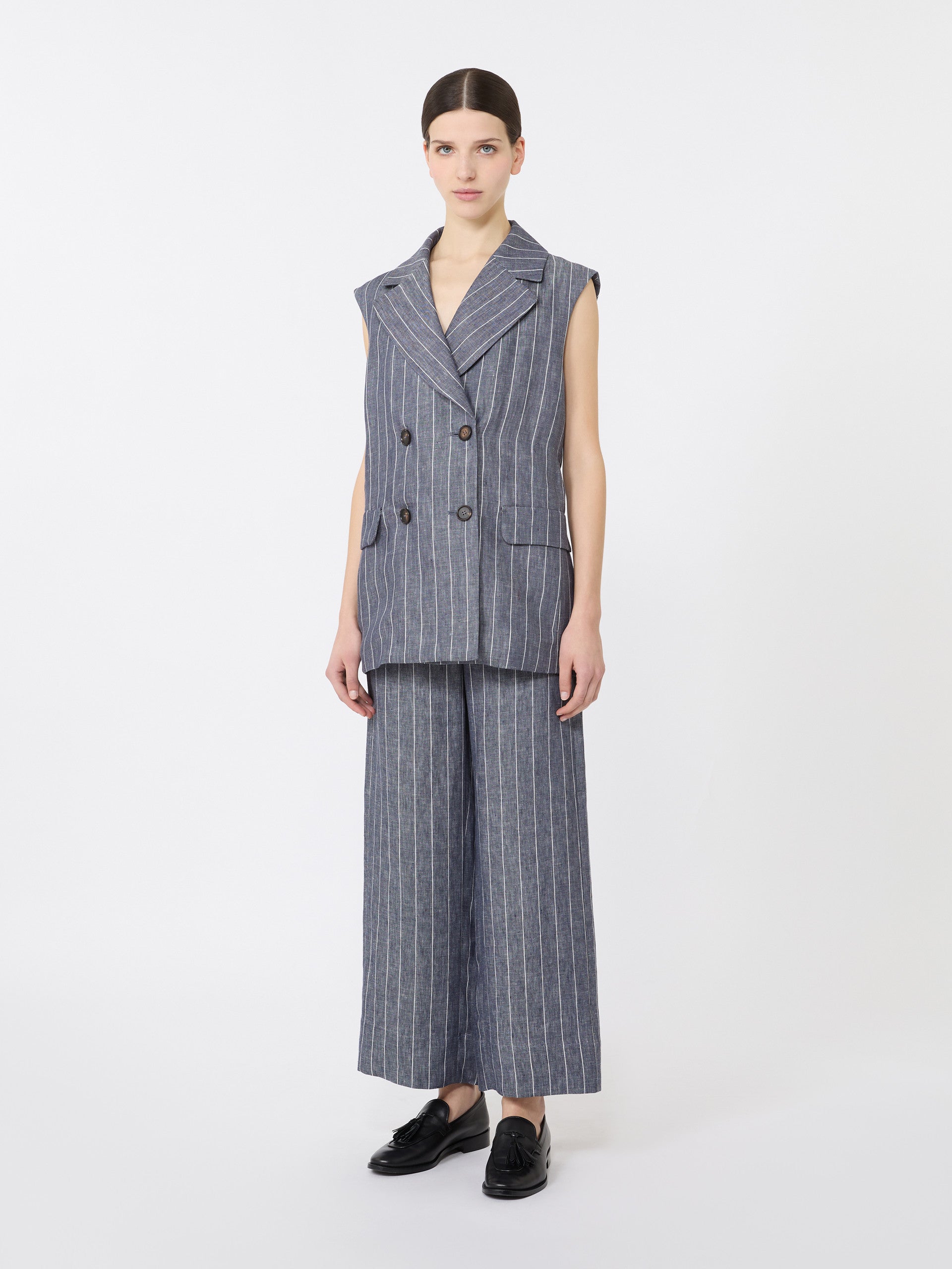 Pinstriped linen Batavia gilet with a denim effect